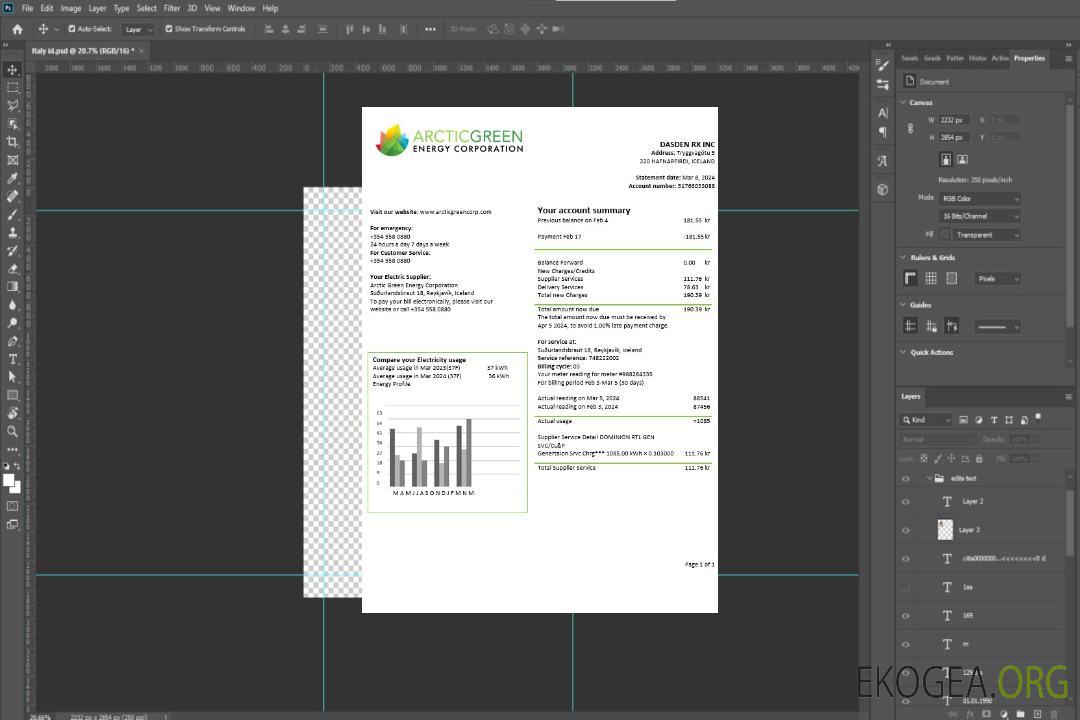 Modèle de facture de services publics d'électricité de l'Islande Arctic Green Energy Corporation en Word et PDF template Modèle de facture de services publics d'électricité de l'Islande Arctic Green Energy Corporation en Word et PDF template